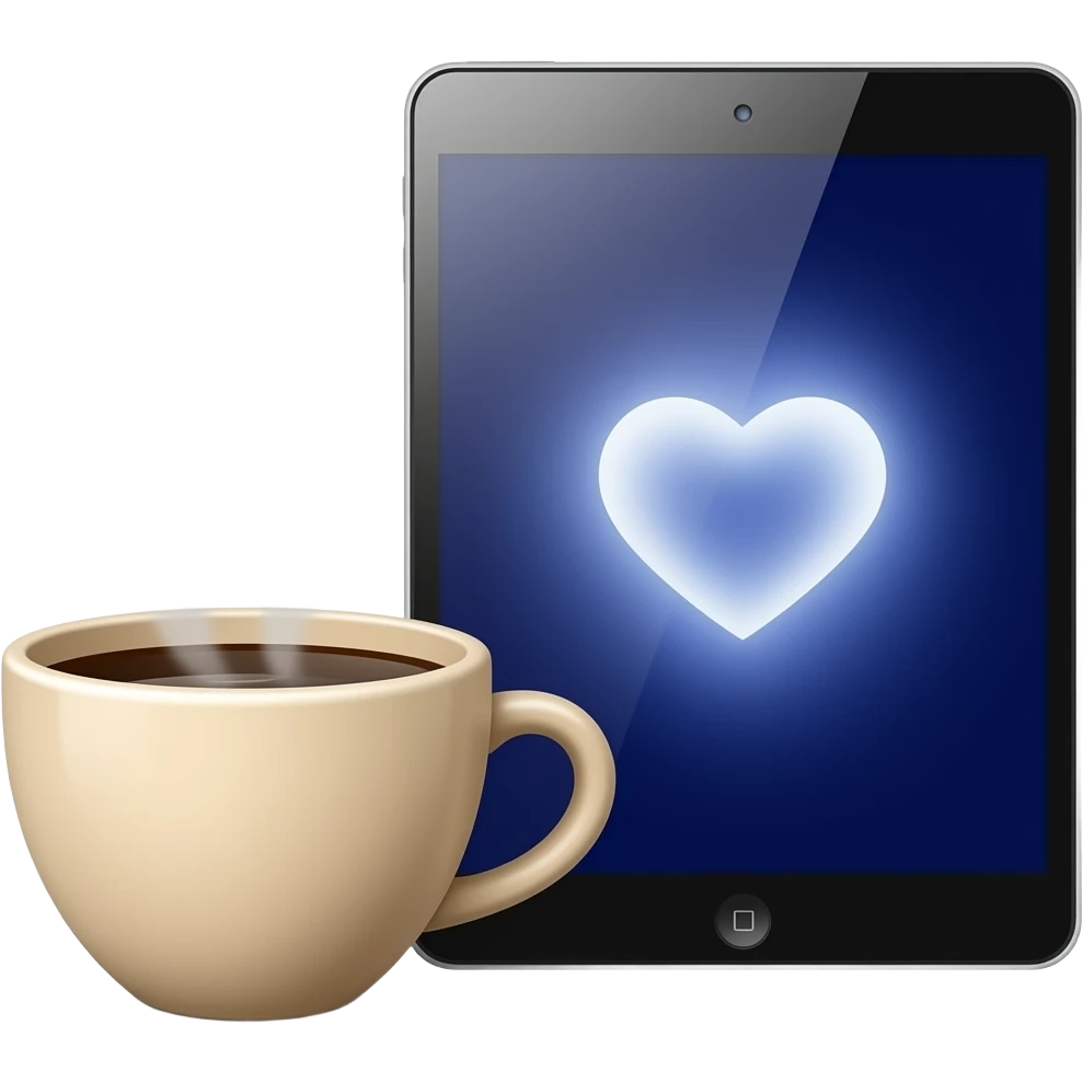 Starlight iPad with a beige coffee cup and steaming love heart emoji