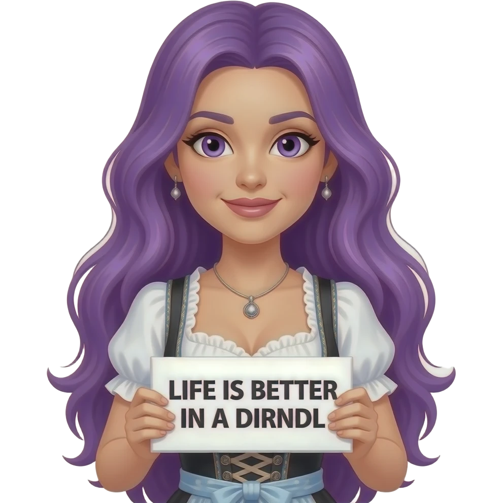 sexy girl with long purple hair and purple eyes wearing a dirndl holding a LIFE IS BETTER IN A  DIRNDL sign emoji