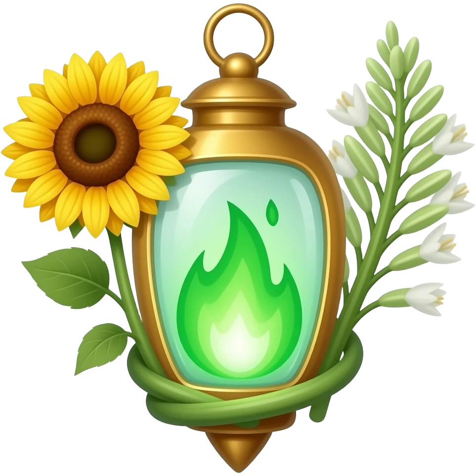 A golden hanging lantern with a bright emerald flames, no loop on top, blooming sunflower (l) & asphodel (r) wrapping it, focus more on the green fire, paint the glass more green, have its bottom point come to some sort of point emoji