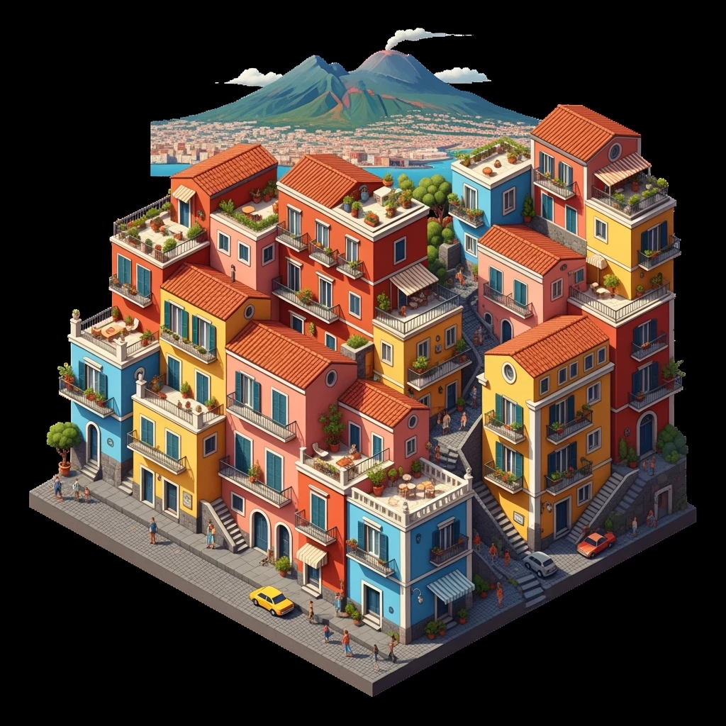 Isometric illustration of Naples, featuring colorful stacked coastal houses and Mount Vesuvius in the background, highly detailed in semi-realistic style with sharp outlines, balanced between stylized and realistic, 3D miniature effect, transparent background. emoji