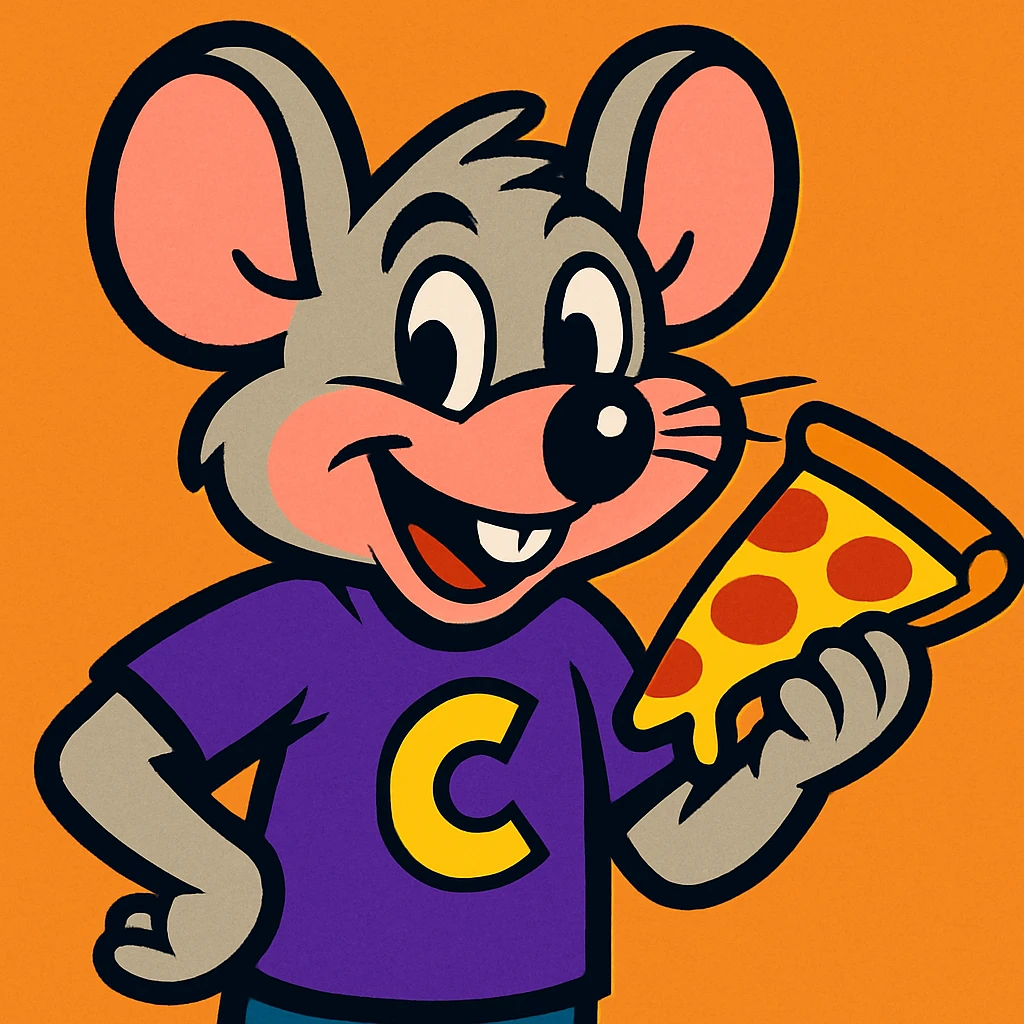 Chucky Cheese style mouse mascot, holding a slice of pizza, purple shirt, playful expression, cartoon style emoji