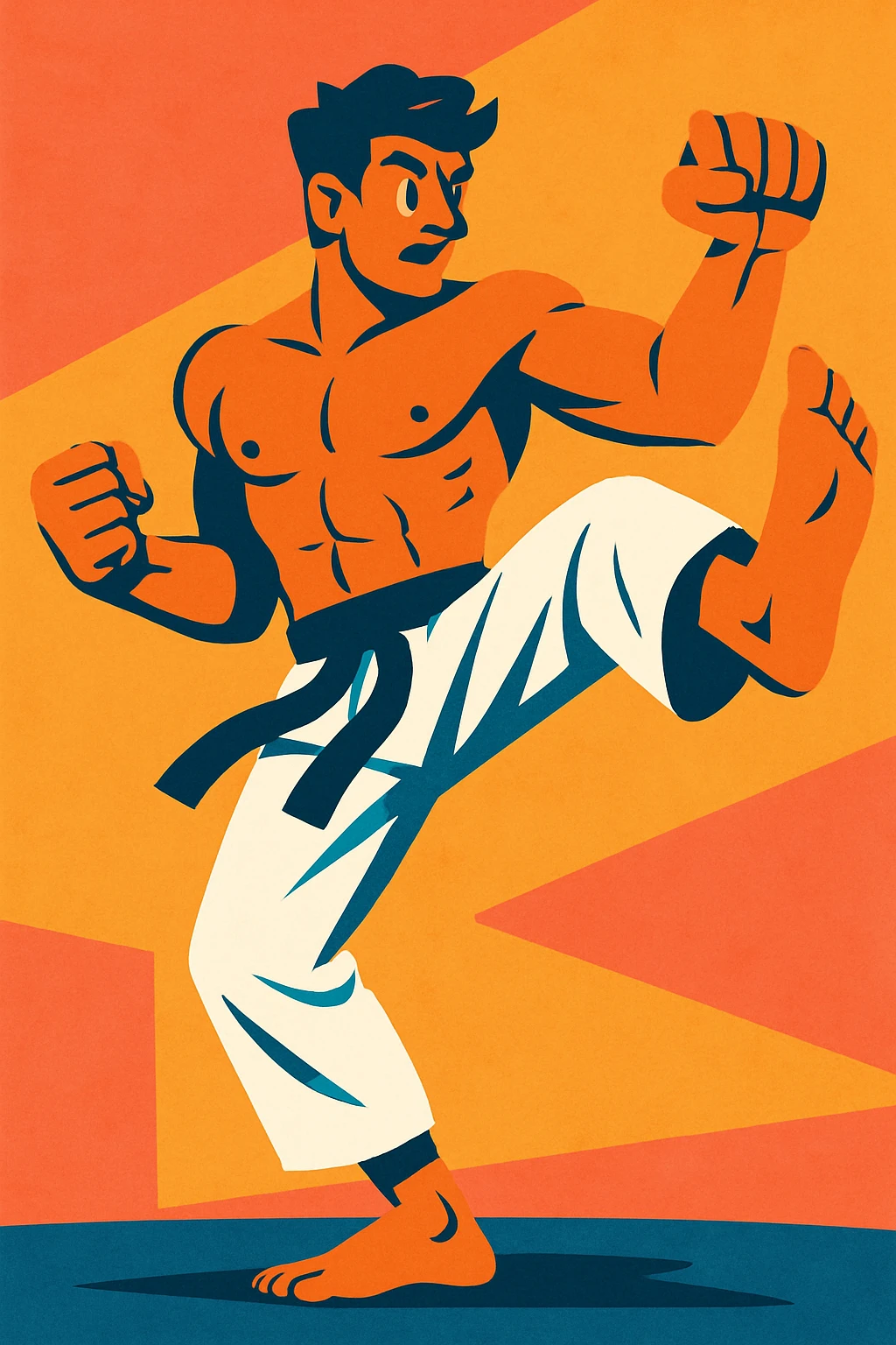a tall, athletic man, shirtless, in white karate pants, stylized illustration, dynamic pose emoji