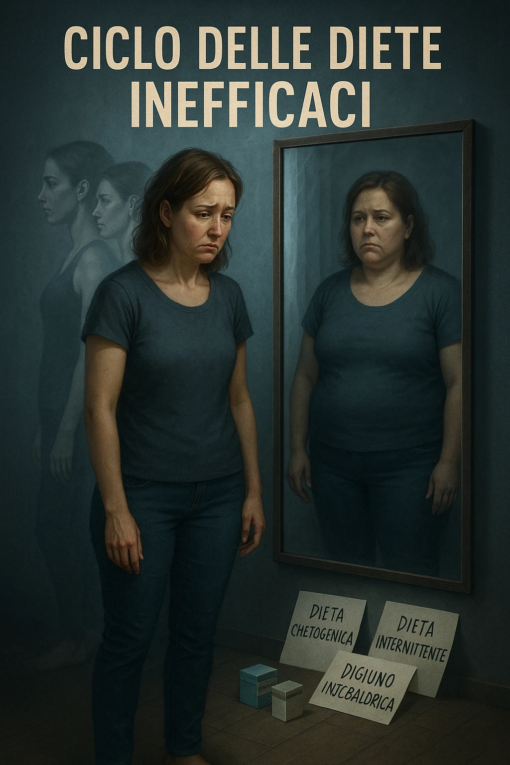 Donna tra i 30 e i 40 anni, in piedi davanti a uno specchio, con espressione delusa e stanca. Accanto a lei, sul pavimento, scatole di integratori, foglietti con scritte tipo 'Dieta chetogenica', 'Digiuno intermittente', 'Dieta ipocalorica'. Riflesso nello specchio mostra una versione di sé con peso aumentato, come se fosse tornata indietro nel tempo. Attorno a lei, immagini sbiadite o sovrapposte di sé in passato, quando era dimagrita. Atmosfera emotiva, simbolica, con luce fredda e sfumature di frustrazione. Messaggio visivo forte: 'ciclo delle diete inefficaci' in italiano emoji