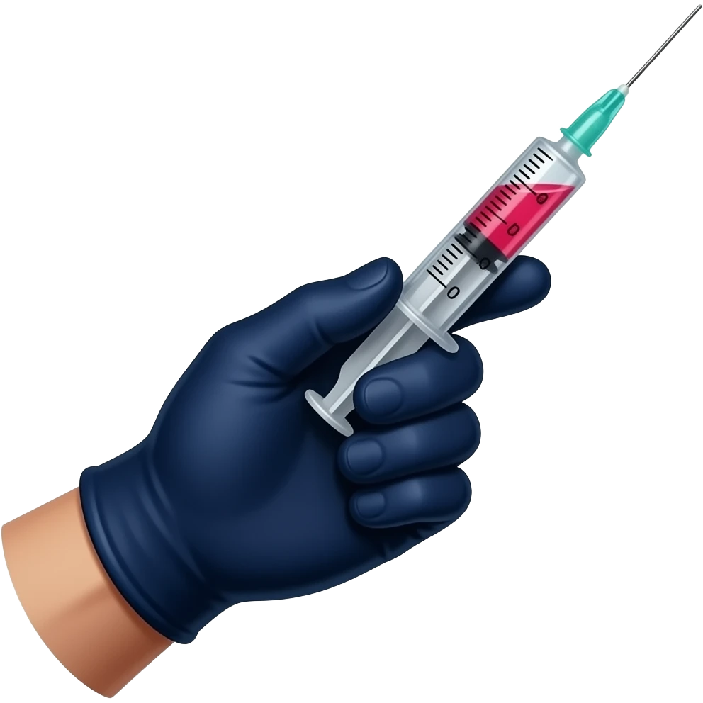 A gloved dainty male hand holding a syringe with glowing neon-red liquid inside. The glove is black but is cobalt-blue on the palm Side emoji