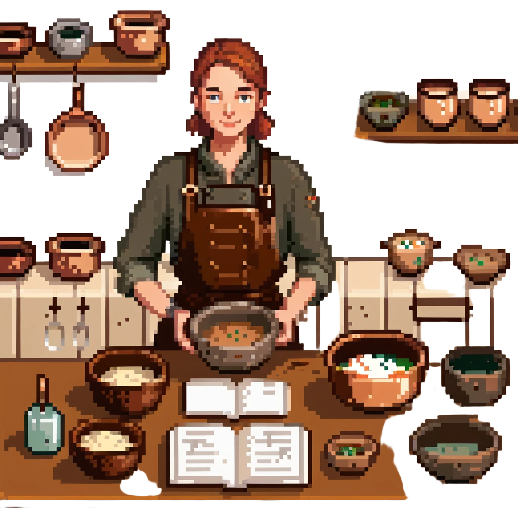 A confident journeyman baker working with copper mixing bowls, enamel measuring cups, and a leather-bound recipe book. The environment features warm lighting, brass utensils, and stitched cloth textures. UI elements resemble embossed leather tabs and metallic buttons. emoji