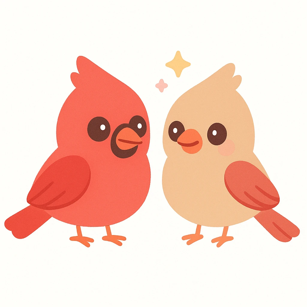 a pair of northern cardinals: bright red male with crest, black mask, orange beak, and female with light brown feathers, reddish wings and tail, small crest, softer black mask, orange beak, cohesive style, charming illustration emoji