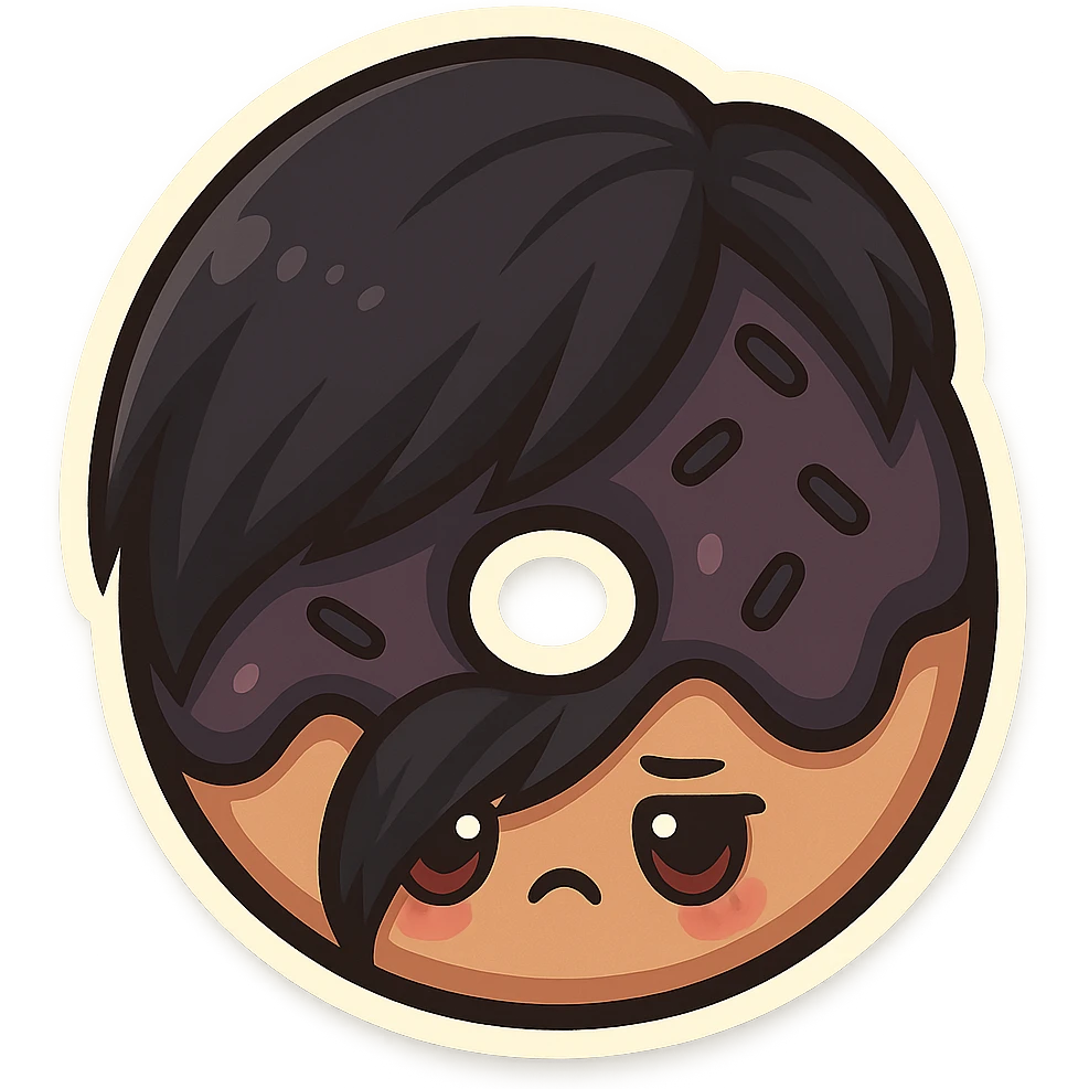chibi sticker-style donut with an emo vibe, dark colors, side-swept bangs, cute and exaggerated emoji