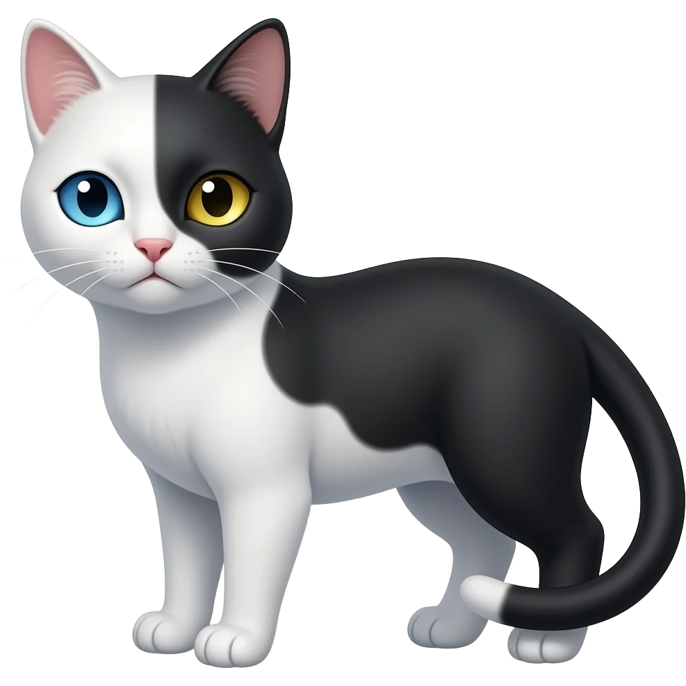 Chimera cat; one sad is white with blue eye, the other side is black with golden eye emoji