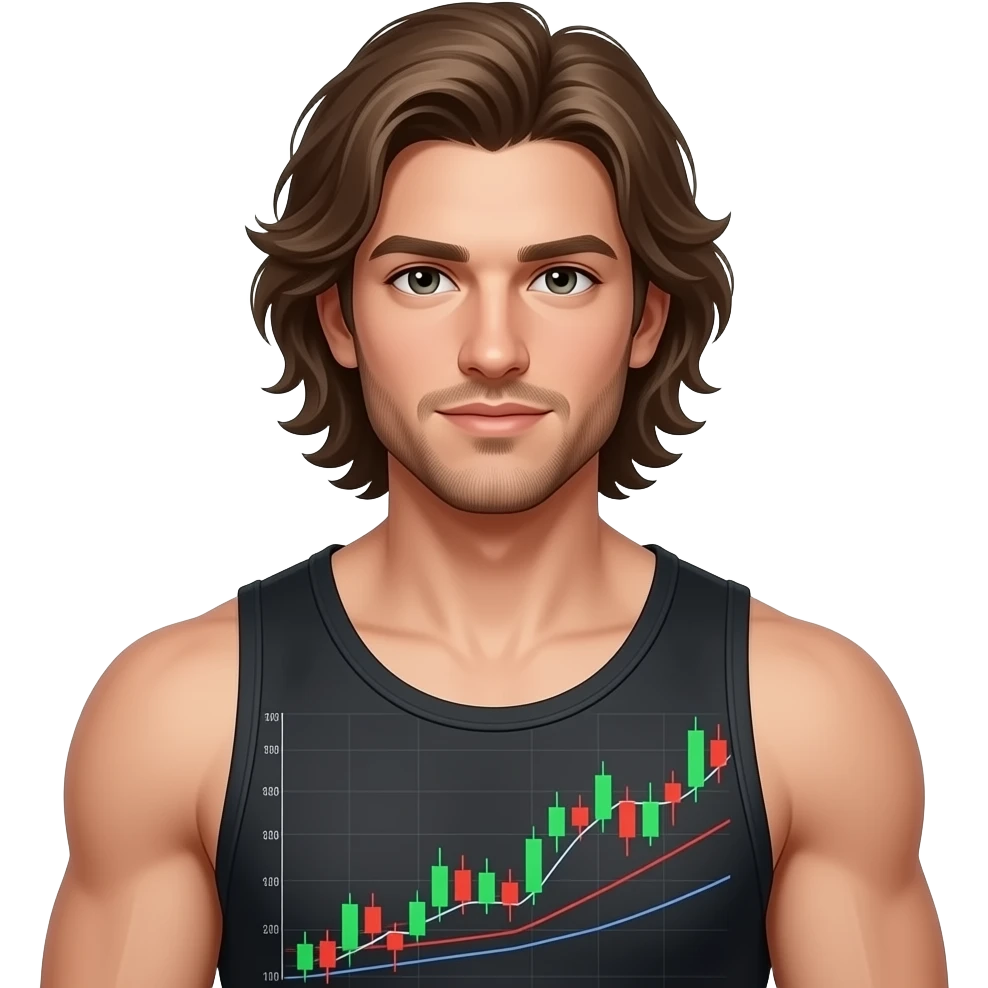 muscular shirtless twink with very long hair daytrading emoji