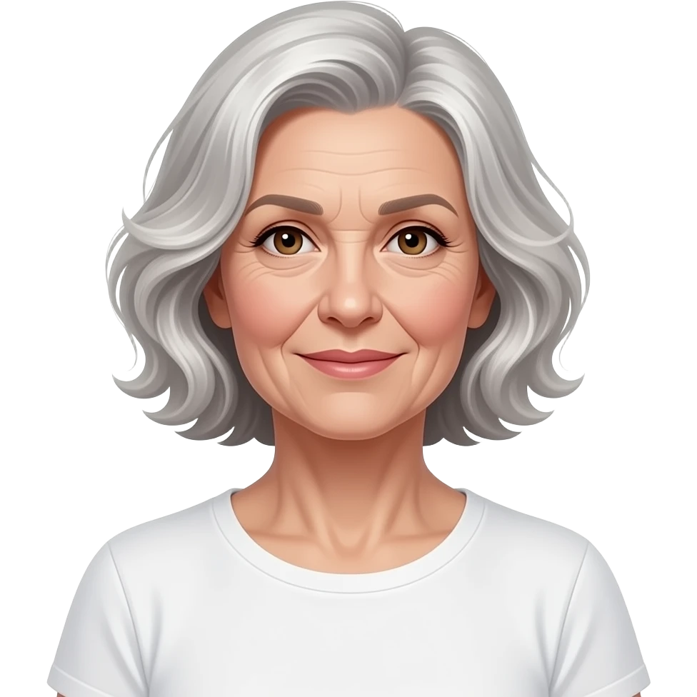 Style: 3D Memoji style, simple render, no outline, soft studio lighting, white background. Character: 70s elegant woman, wavy silver bob, brown eyes, white t-shirt. Skin: natural healthy glow, dewy interior glow, soft & subtler age wrinkles around eyes and mouth, sophisticated aging. emoji