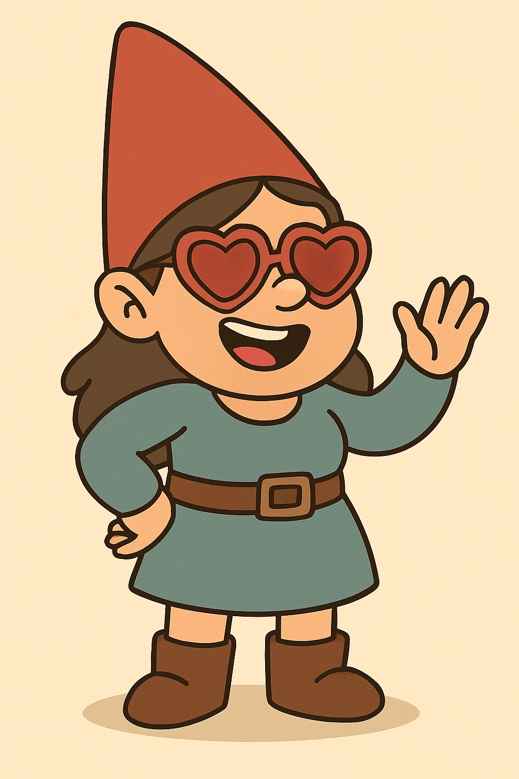 Change the sunglasses on the female gnome to heart-shaped, playful style sunglasses. Keep the rest of the image intact. emoji