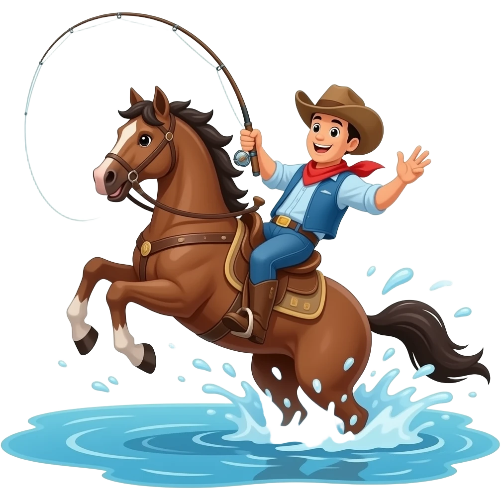 a cowboy falling off a horse into the water, with a fishing rod in his hand emoji