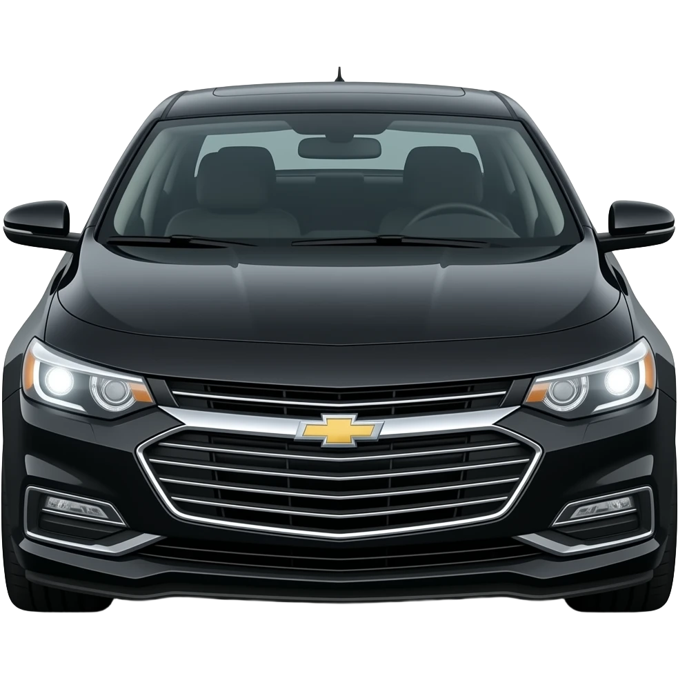 A realistic, high-detail photograph of a glossy black Chevrolet Malibu 2 Turbo Premier sedan with tinted windows and black alloy rims, bright LED headlight balls emitting a dinamic brighting glowing effect emoji