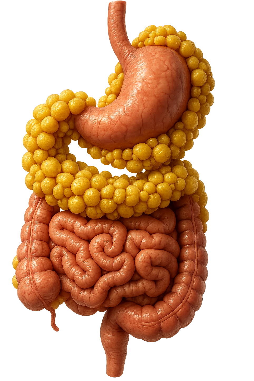 STOMACO E INTESTINO SONO VERTICALMENTE COLLEGATI E INTORNO A QUESTI ORGANI CI SONO CELLULE DI GRASSO GIALLE ATTACCATE SOPRA A GRAPPOLI, IPERREALISTICO 4K emoji
