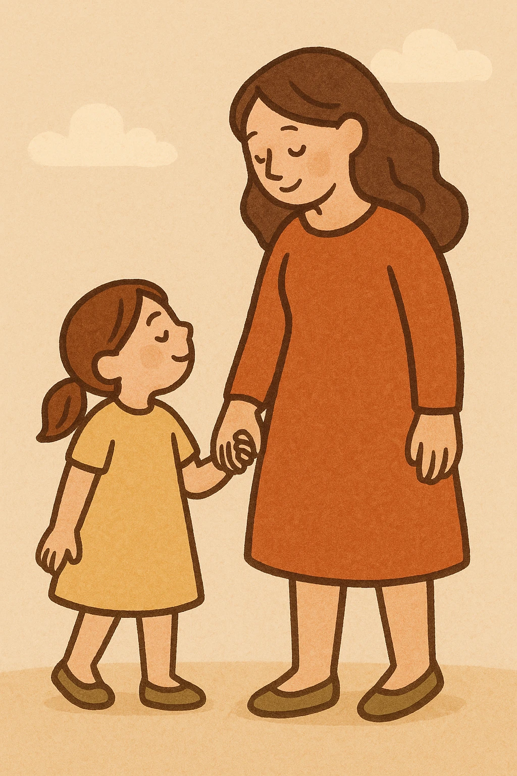 daughter holding hands with mother, warm illustration style, simple background emoji