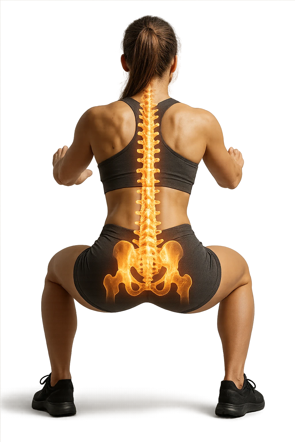 donna di spalle che fa squat con spina dorsale anatomica in evidenza, iperrealistica 4k emoji