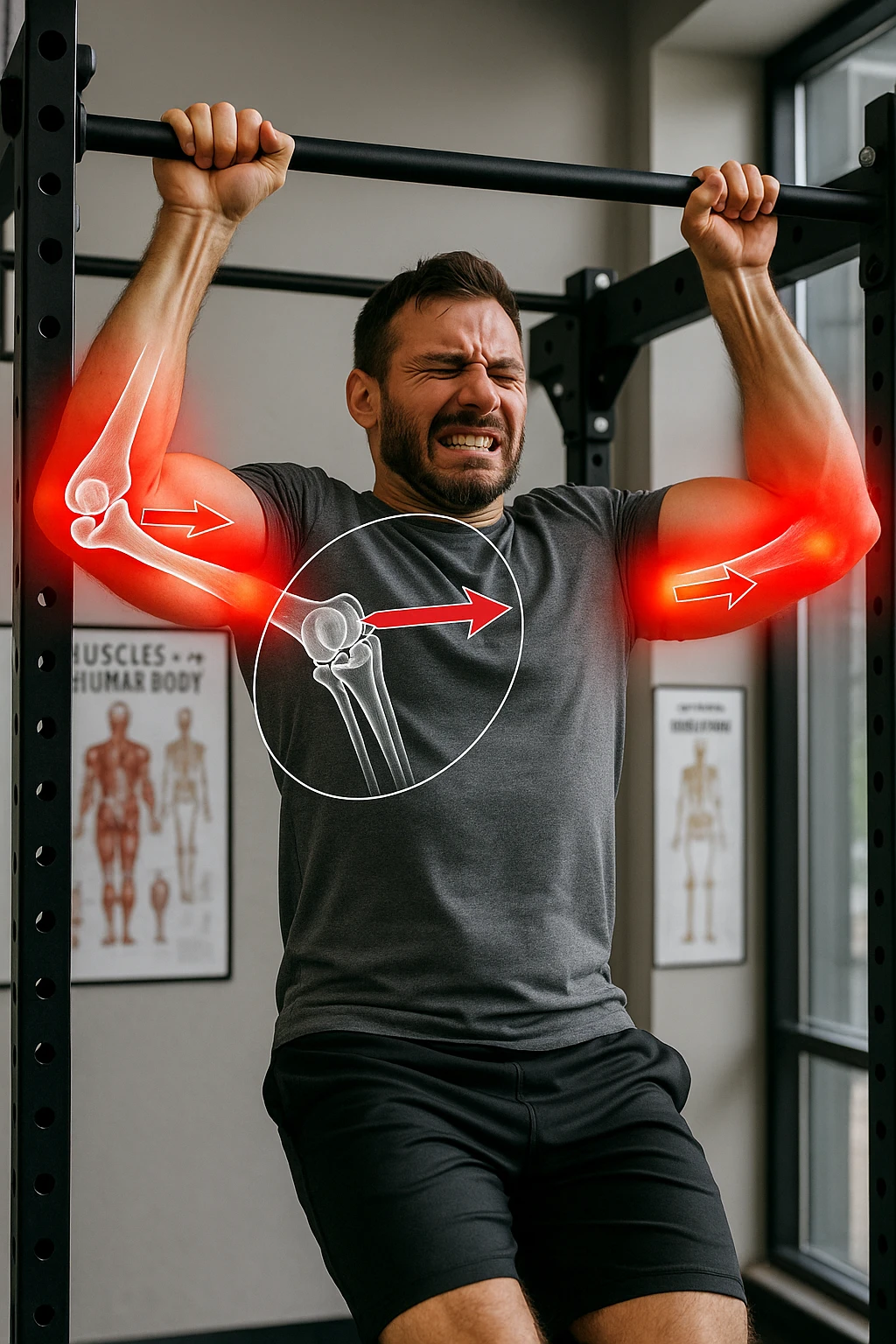 a man in gym clothes esegue una trazione alla sbarra con una tecnica visibilmente scorretta—gomiti troppo larghi o polsi piegati in modo innaturale. I gomiti sono evidenziati con un alone rosso acceso per indicare dolore o infiammazione. Un diagramma trasparente mostra le forze errate applicate sull’articolazione. La scena è ambientata in una palestra moderna, con poster educativi sullo sfondo. emoji