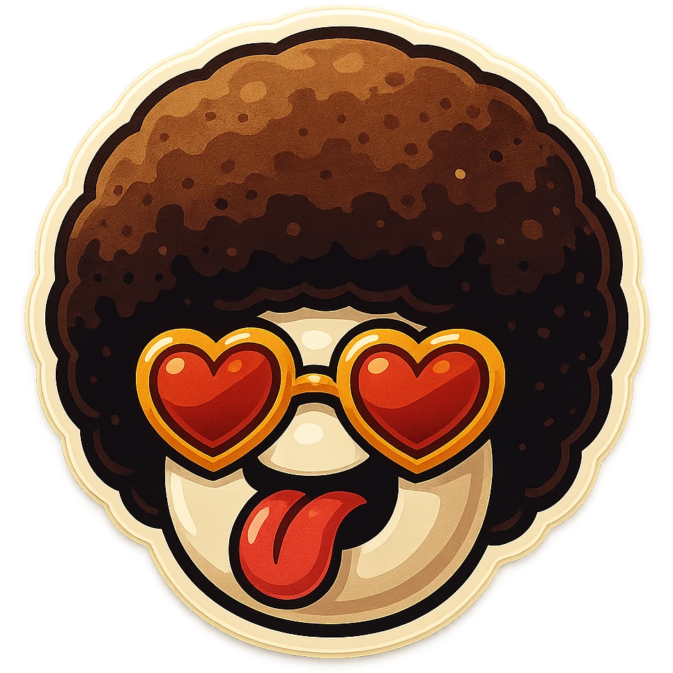 White circle coffee bean face, afro, heart glasses, big heart eyes, tounge rolled out emoji