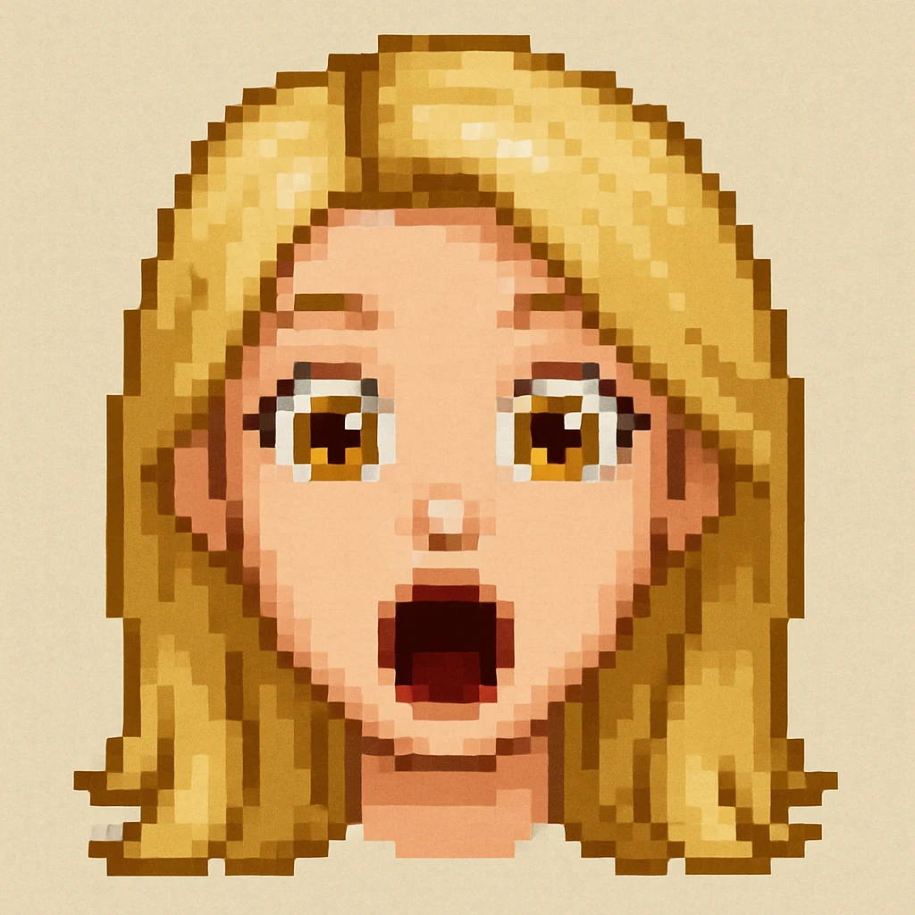 Change the expression to a surprised look with wide eyes and an open mouth, keeping the same style and features. Make it look like a pixel art. emoji