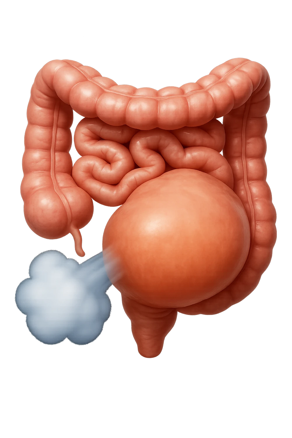emoji stile iphone di un intestino che ingoia una nuvoletta di aria ben visibile e gli si gonfia la pancia, non fargli il naso, iperrealistico 4k emoji