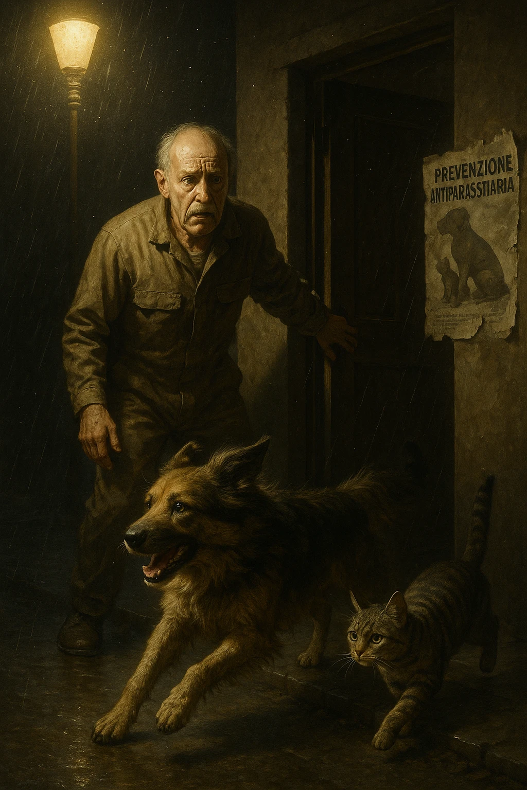 Un uomo anziano in tuta da lavoro, con espressione angosciata, tiene aperta la porta di casa mentre il suo cane (un meticcio a pelo lungo) e il gatto (soriano) scappano nella strada buia sotto la pioggia. Particelle di polvere/pulci fluttuano nell'aria illuminata dal lampione. Sullo sfondo, un poster strappato del veterinario con scritto 'Prevenzione antiparassitaria'. Stile fotorealistico, illuminazione Caravaggesca, toni grigi e ocra. in italiano emoji