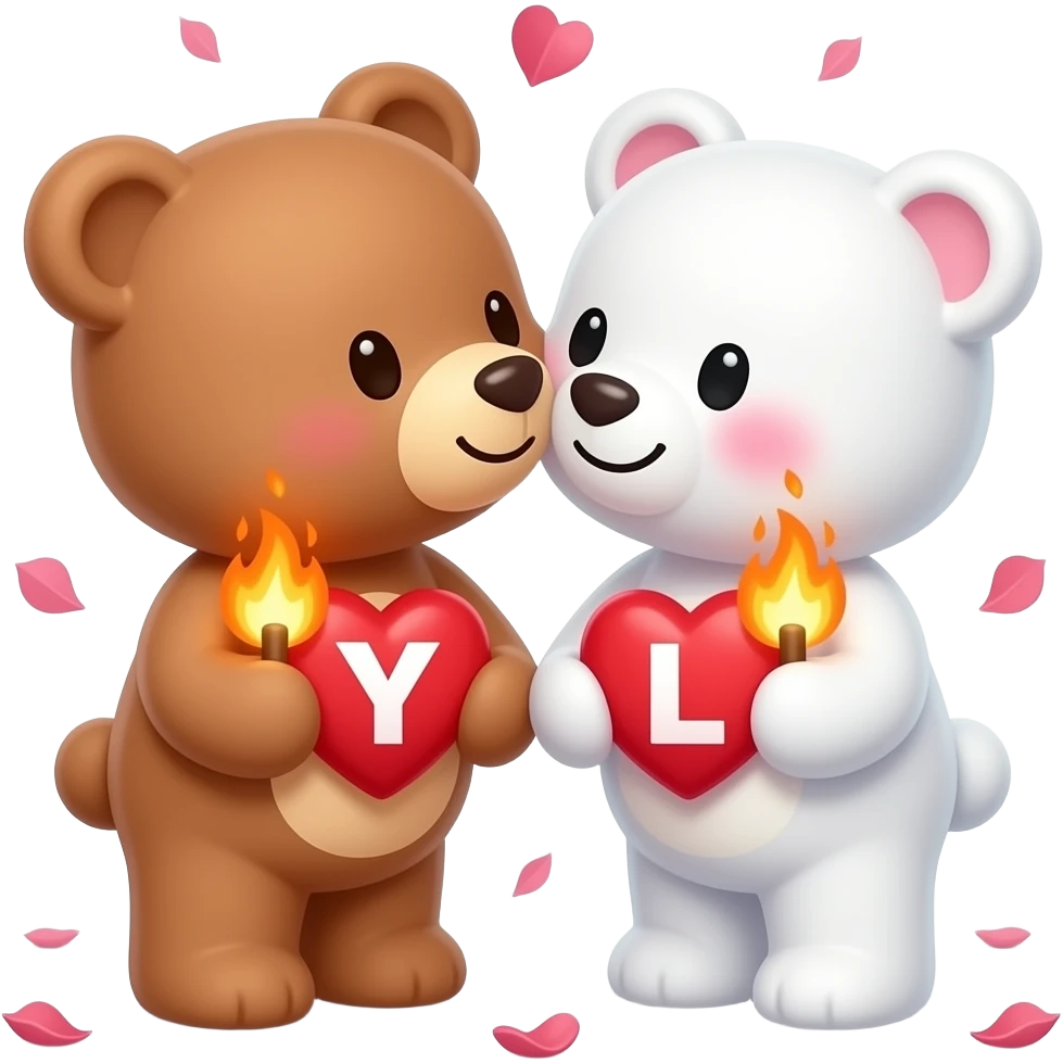 I want one light brown bear teddy kissing on cheek white bear teddy both holding heart fire , both a little furry, the  white bear blushes and smiles , add letter Y to the heart of the brown bear and letter L to the heart of the white bear , rose petals falling from sky , passion emoji
