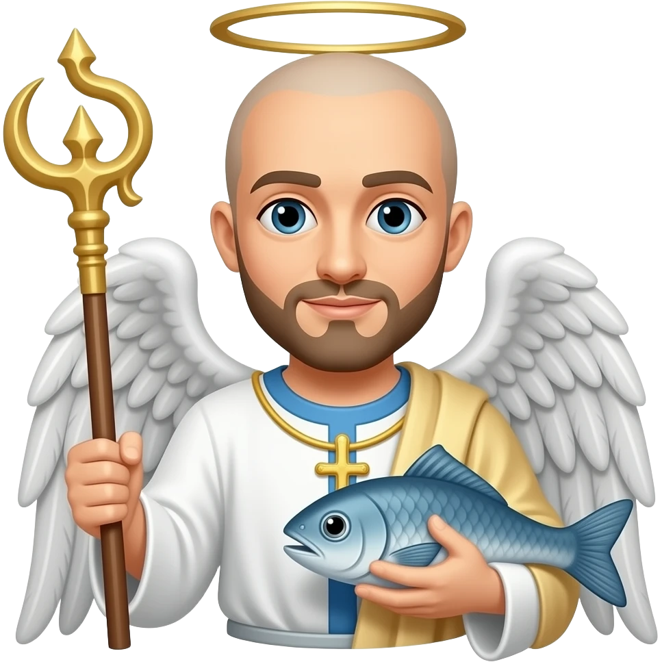 St. Raphael the Archangel clean shaven holding a staff and a fish emoji