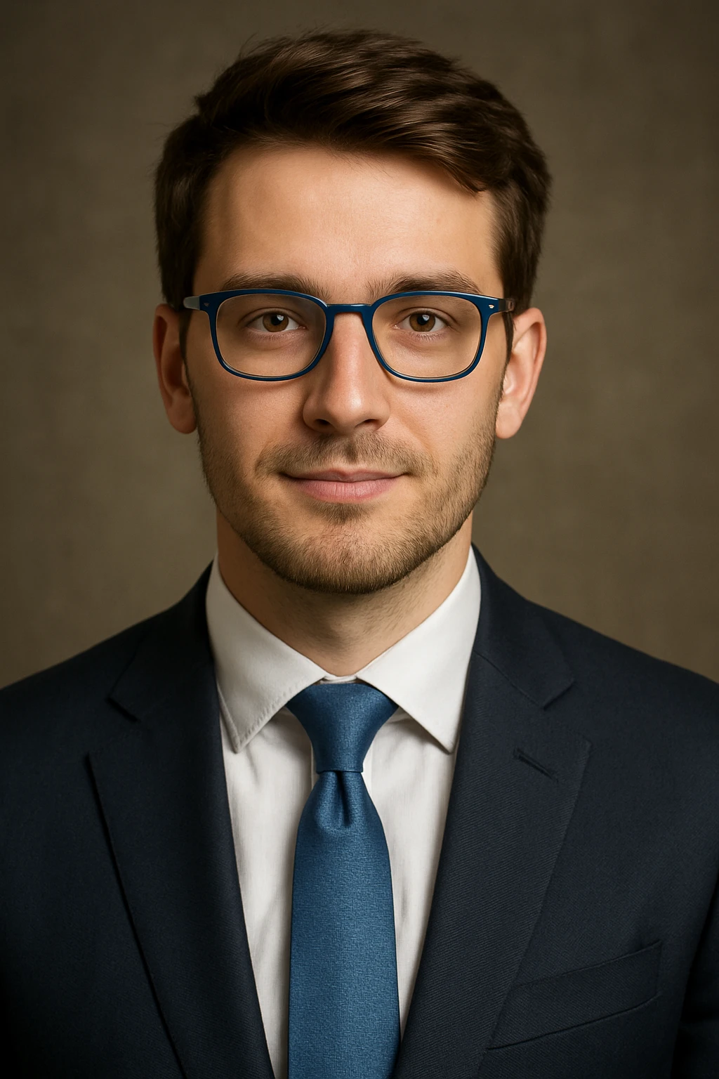 portrait of a young white man with brown hair, wearing blue-rimmed glasses and a business suit, exuding trust and respect emoji