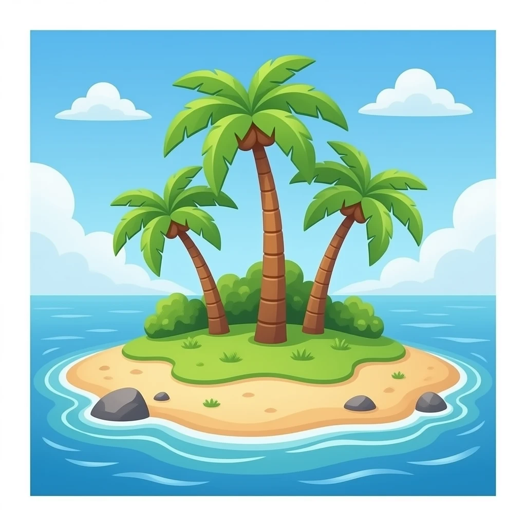 Island, sand island base, with green bushes on top, and three palm trees in the middle of the oceanIsland, sand island base, with green bushes on top, and three palm trees in the middle of the ocean, with no rocks emoji