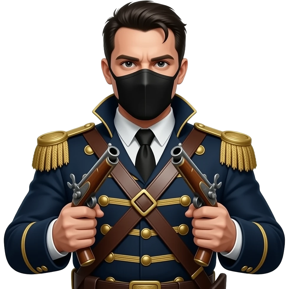 realistic cinematic Adam Ant  with black mask is wearing a Hungarian Hussar'S JACKET, holds two firelocks holsters in his hands emoji