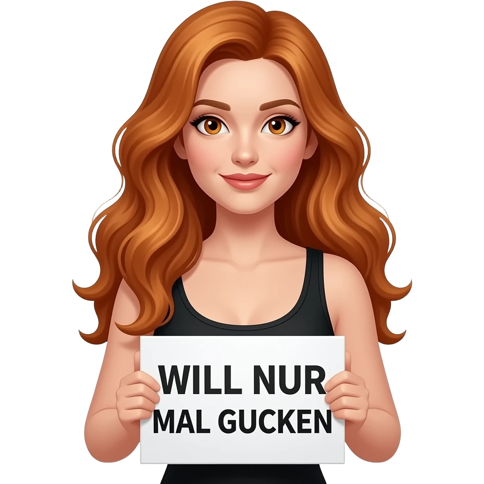 sexy girl with long wavy ginger hair and ginger eyes wearing a black tanktop is holding a white colored sign with WILL NUR MAL GUCKEN written on it emoji