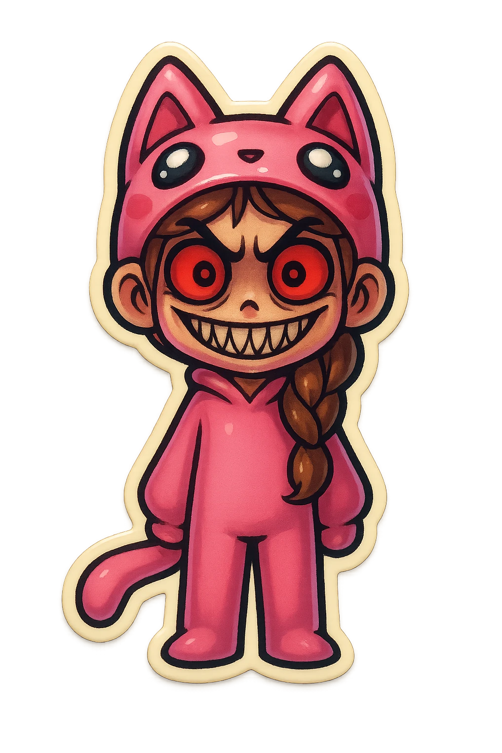 Change the pink character's face to a horror/scary expression, such as wide eyes, sharp teeth, or a creepy smile. Keep the transparent background. emoji