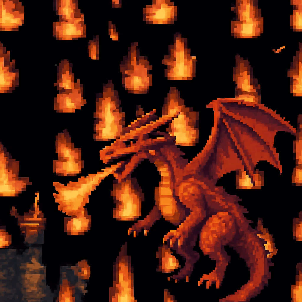 Add a pixel art style dragon to the scene, keep all original colours and lighting emoji