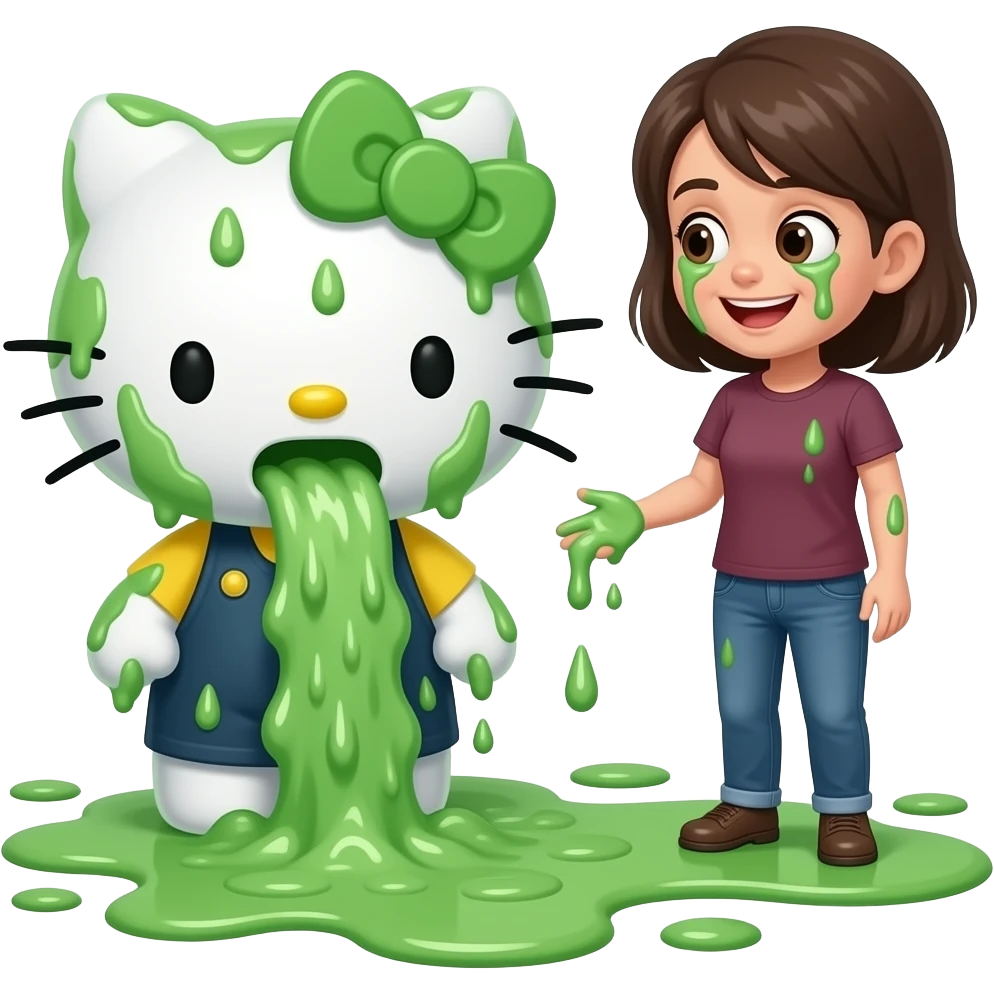 A green and white Hello Kitty with a vomit-covered face meets a silly person; she vomits a lot in the process, covering the ground in vomit; a Niagara Falls of vomit pours out of her mouth emoji