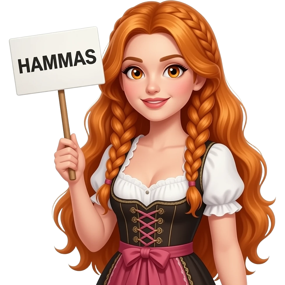sexy girl with overlong ginger hair in braids and ginger eyes wearing a dirndl holding a HAMMAS sign emoji