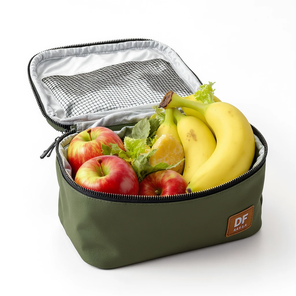 realistic lunch bag with fruit inside, visible apples and bananas, soft lighting, white background emoji