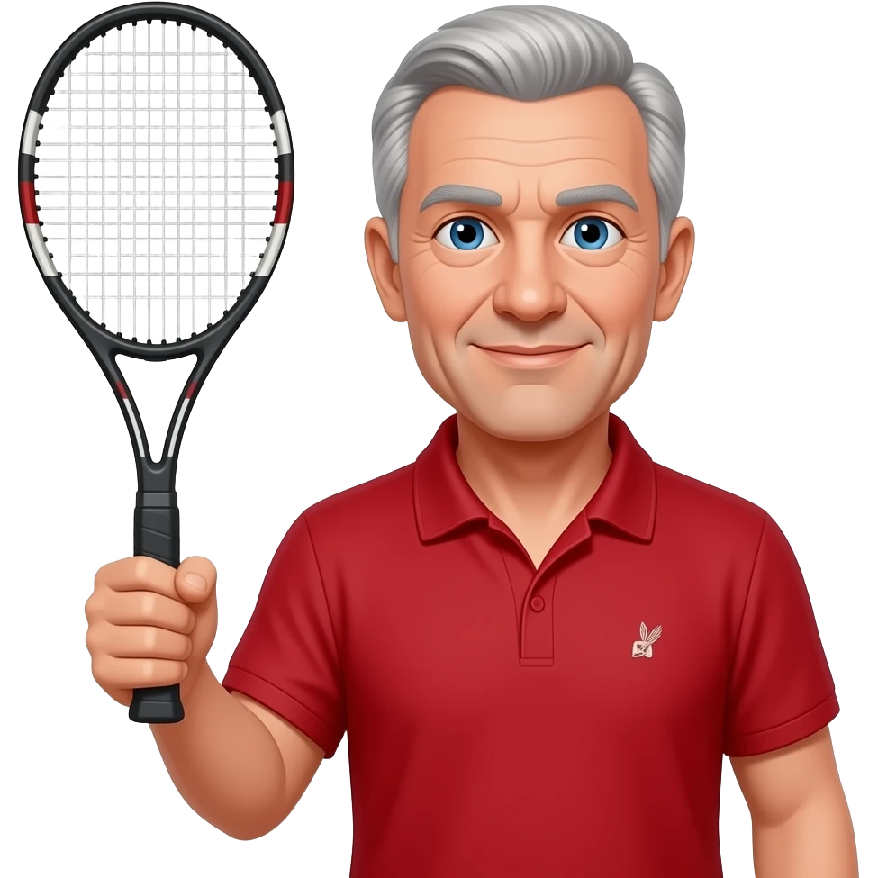 man, 60s aged, thin grey hair, blue eyes, tennis racket in right hand, red polo, small logo, no beard emoji