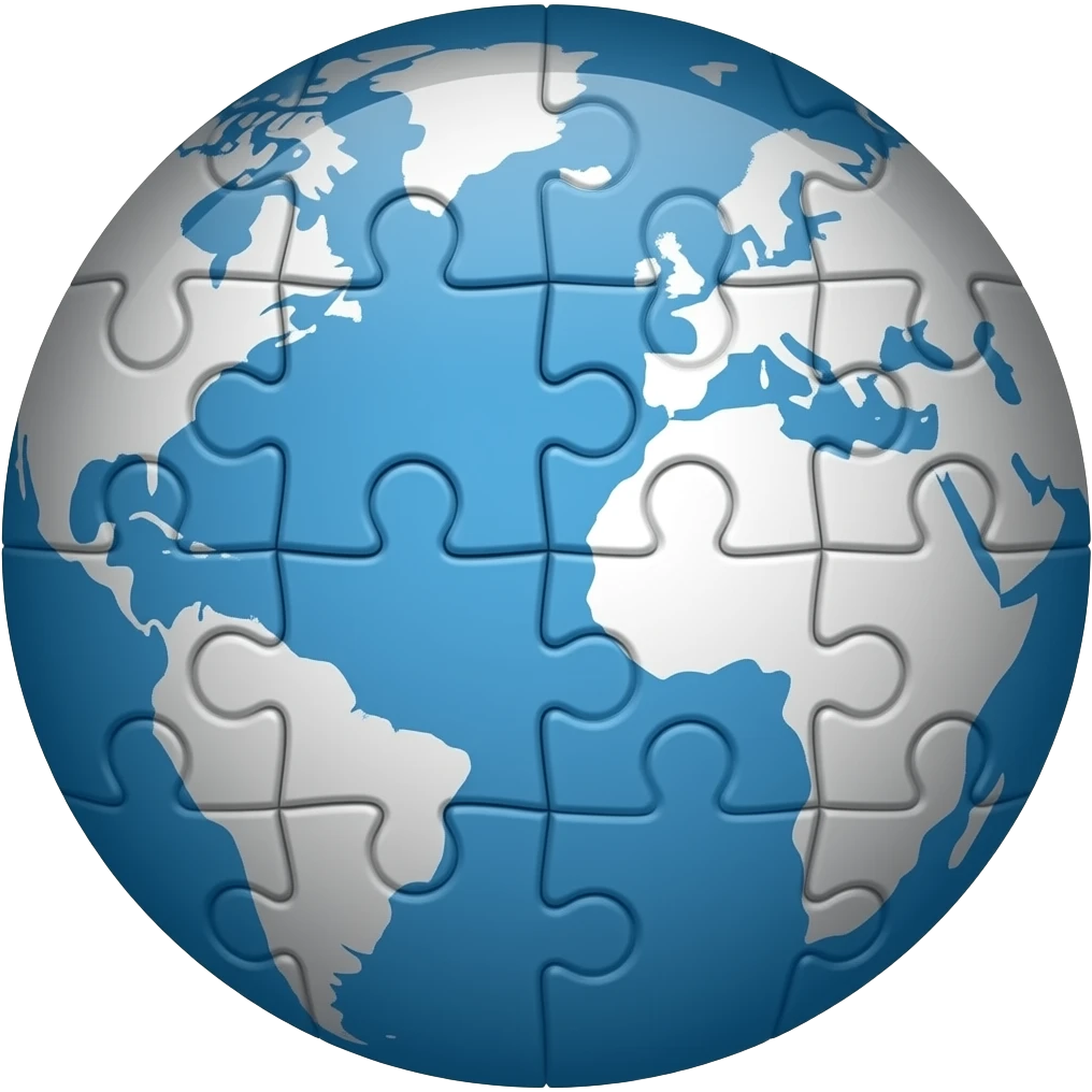 Create a minimalist globe logo made of puzzle pieces, inspired by the Wikipedia concept. Include a few missing pieces to show growth. Use black, white, gray with a blue accent. Make it original and modern. emoji