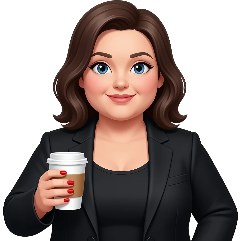chubby white woman with dark brown shoulder length hair in a black suit and tank top with red fingernails holding a cup of coffee emoji