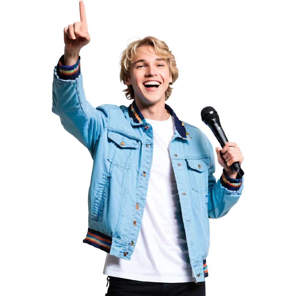 Pixel art style, expressive male performer, Caucasian features, short sandy blonde hair, lively eyes, wide cheerful smile, wearing a sky blue jacket over white tee, tossing a microphone in one hand, waist-up, front-facing emoji