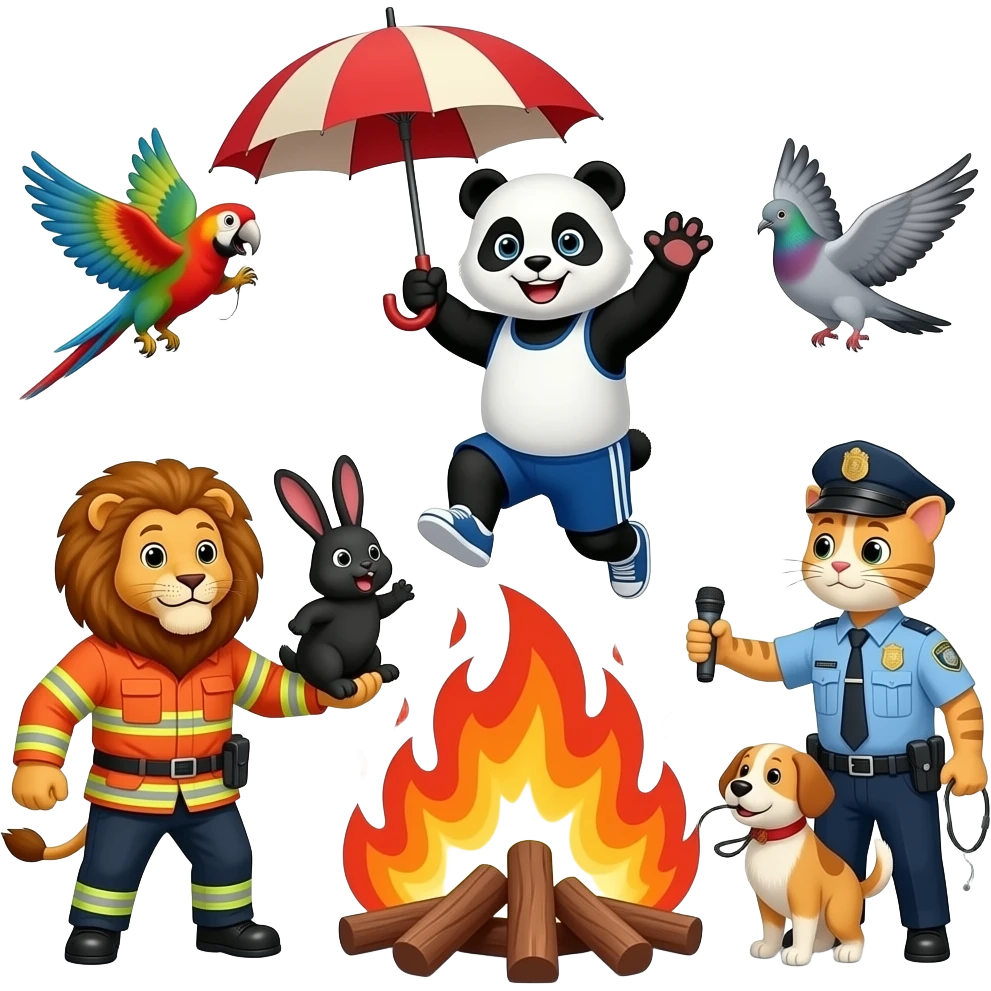 Panda esportista com guarda chuva pulando no leão construtor pra salvar o coelho negro que é um bombeiro no meio do incêndio com papagaios se engasgndo os pombos cantando o gato policial prendeu o cachorro inocente emoji