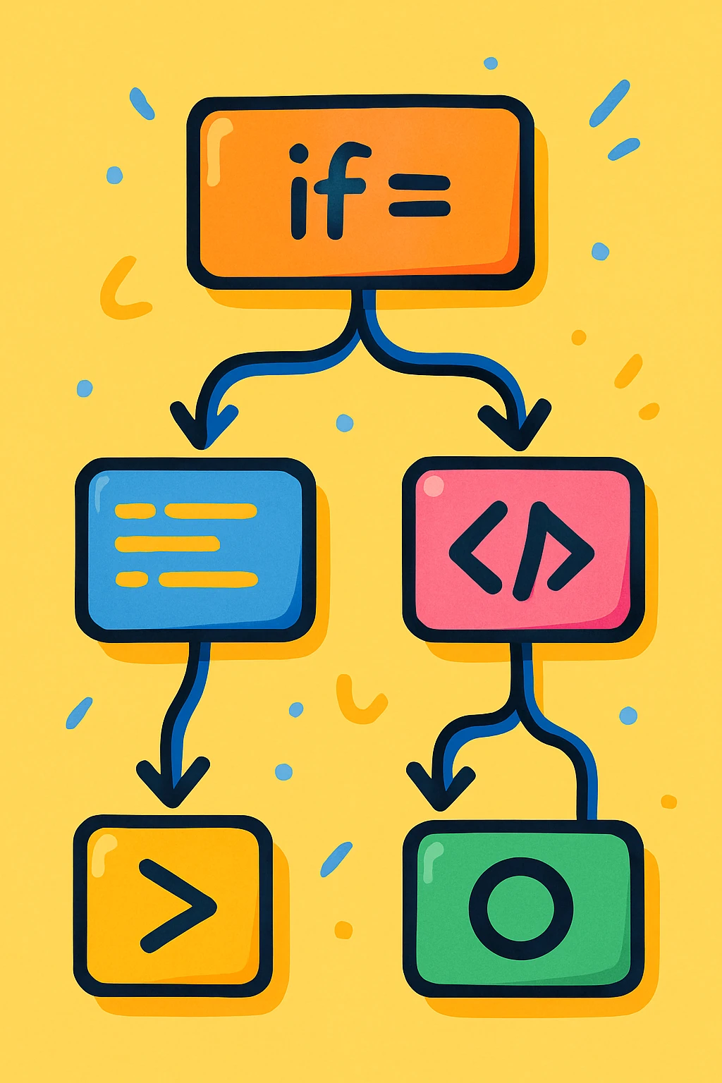 playful decision tree illustration showing code blocks and arrows, vibrant cartoon style emoji