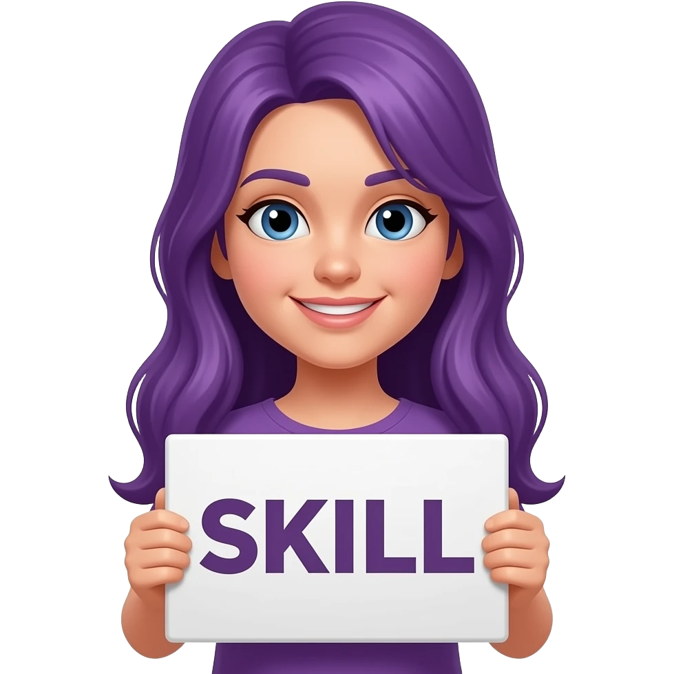 girl with long purple hair with a SKILL sign emoji
