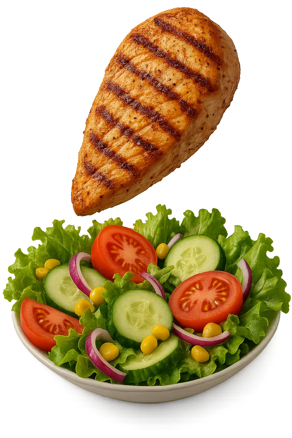 INSALATA CON PETTO DI POLLO GRIGLIATO CHE CADE DALL'ALTO, IPERREALISTICO 4K emoji