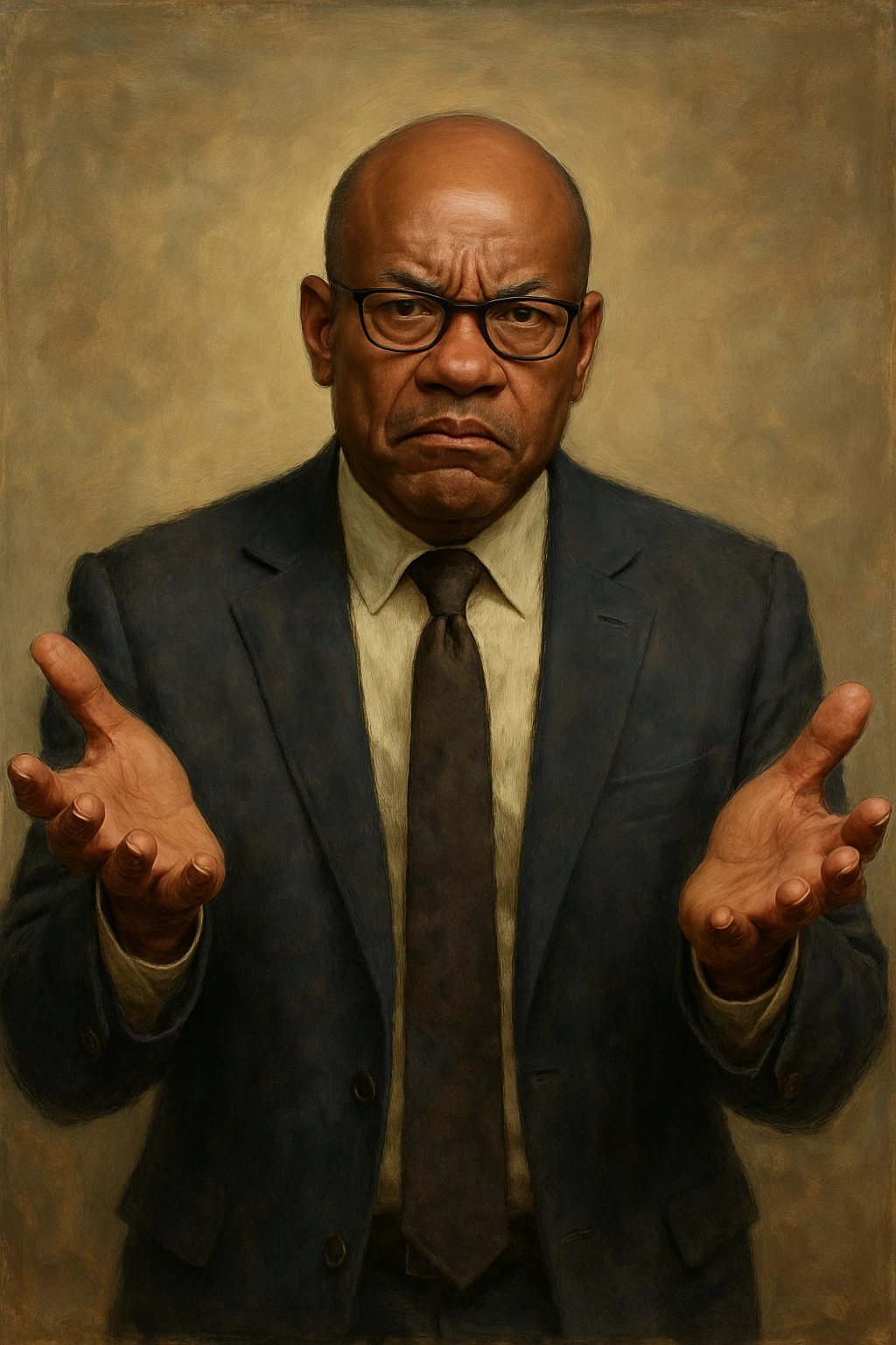 Сгенерируй мне афроамериканца в пиджаке, лысого, в очках, он выглядит солидно. Строго в анфас. Его лицо чуточку недовольно, а руками он размахивает и разводит в сторону. На однородном фоне. В стиле реалистичной живописи. Он полностью помещается в экран и не обрезается краями изображения emoji