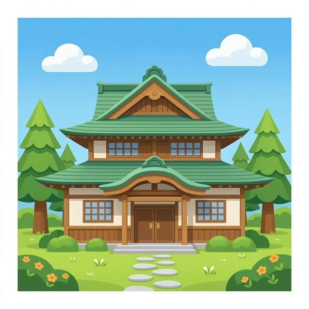 Wooden japanese house with green roof emoji