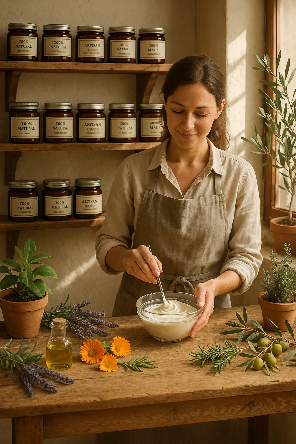 A realistic, high-quality photo of a small artisan skincare laboratory in Italy, with wooden shelves displaying beautifully packaged glass jars of natural creams made with herbal and botanical extracts, olive oil, and essential oils, clearly labeled ‘100% Natural’ and ‘Artisan Made in Italy’. The scene includes a bright, sunlit rustic workspace with plants, fresh lavender, rosemary, calendula flowers, and olive branches on the wooden counter, symbolizing purity and nature. A female artisan in a linen apron is carefully mixing creams in a glass bowl, smiling softly. The environment feels warm, authentic, and eco-friendly, emphasizing the concept of handcrafted skincare without synthetic chemicals in italiano emoji