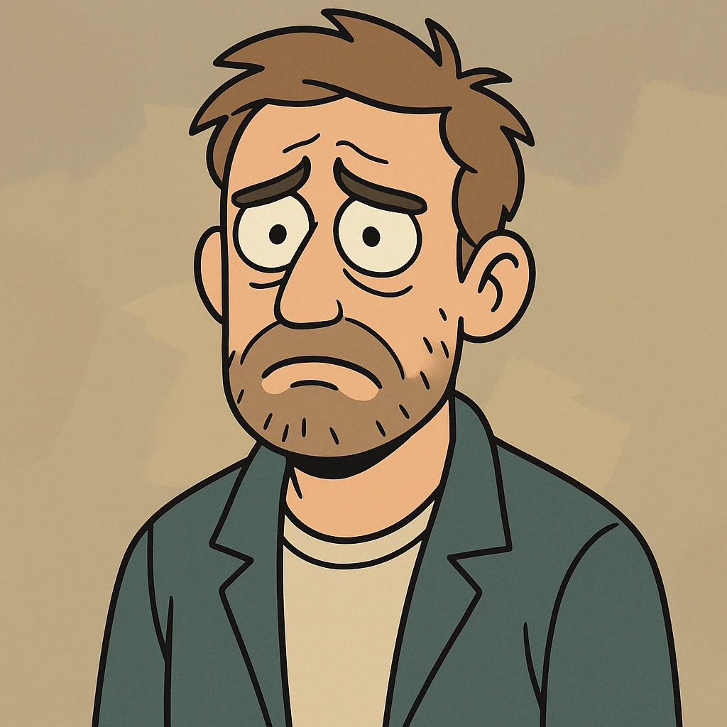 a sad and lost looking man, expressive face, simple background, modern cartoon style emoji