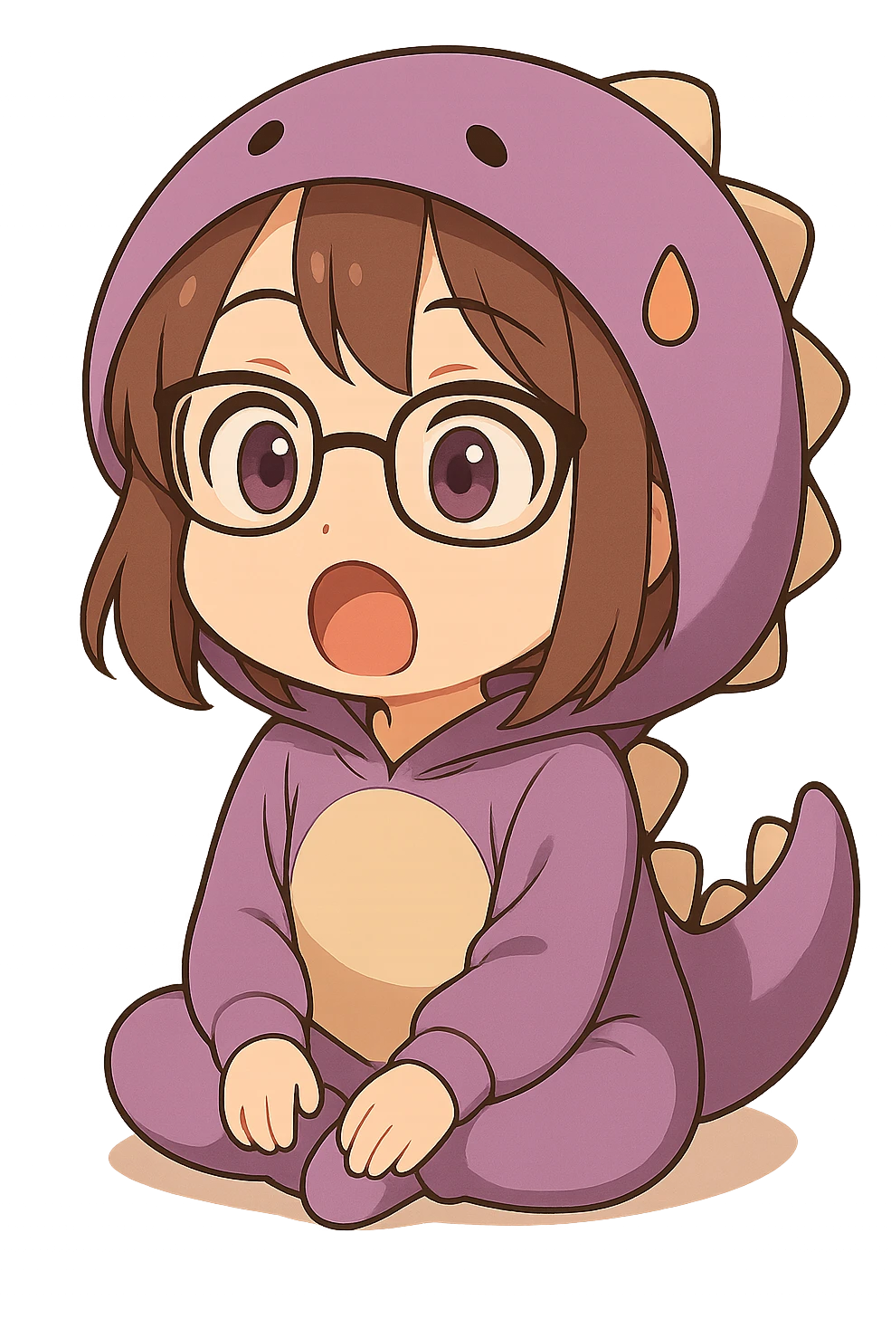 Chibi anime style gamer girl with glasses, brown hair, dark purple eyes, wearing a purple dinosaur costume, sitting pose, surprised expression, no controller, no background, same style as reference. emoji