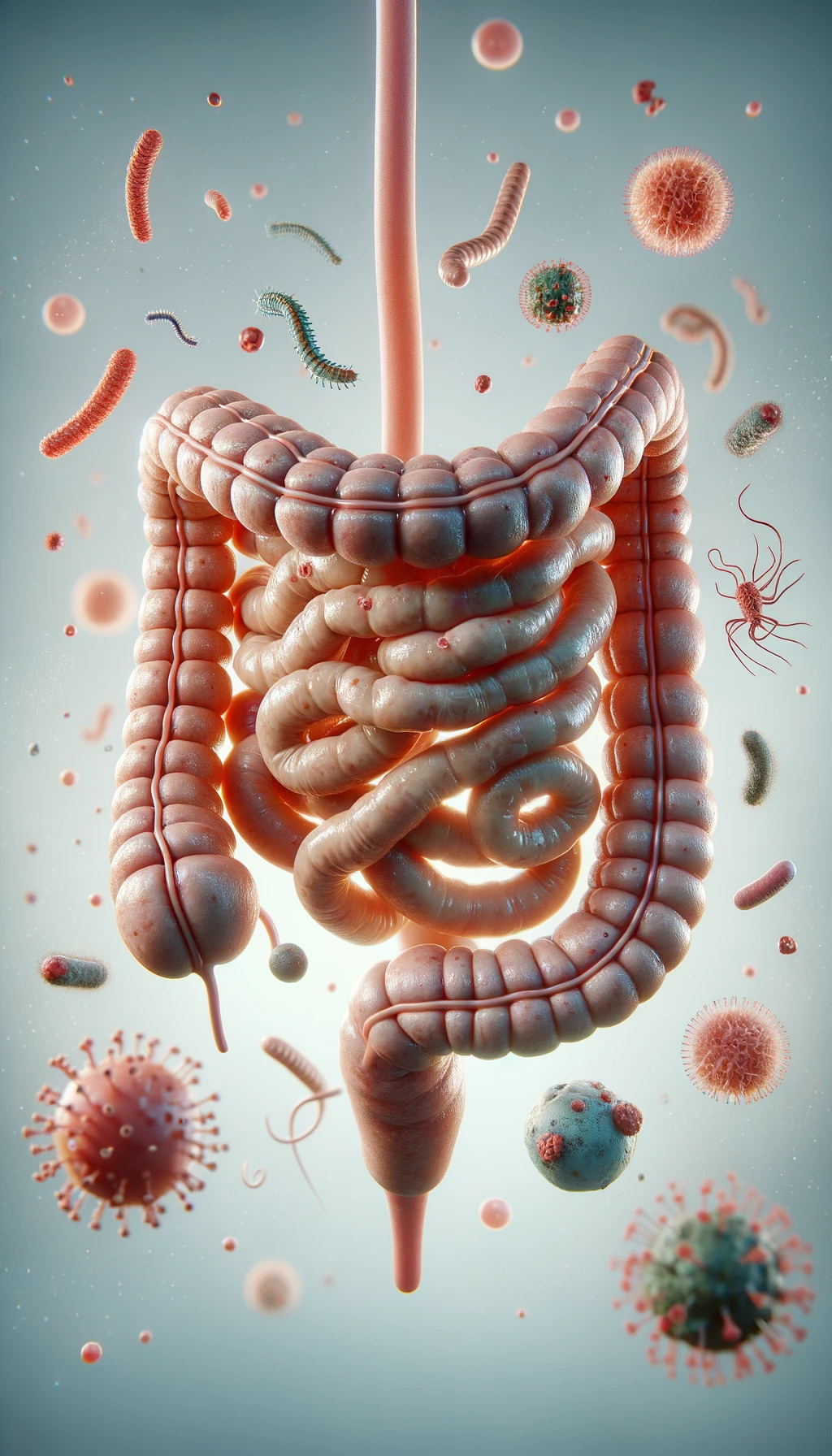 intestino umano realistico con batteri e parassiti che gli fluttuano intorno, sfondo chiaro, iperrealistico 4k emoji